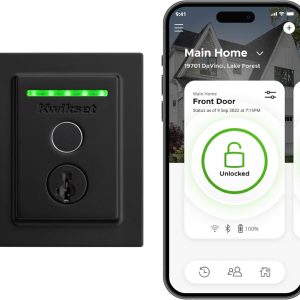 Kwikset Halo Touch Fingerprint Wi-Fi Smart Lock, Keyless Entry Door Low Profile Deadbolt, Geofence Auto-Unlock, Grade AAA Certified, No Hub Easy Install, Matte Black Lifetime Finish Warranty, Square