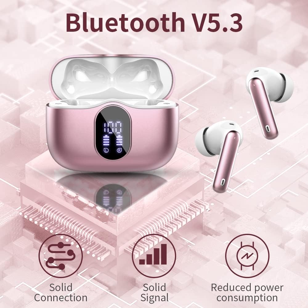 Wireless Earbuds Bluetooth 5.4 Headphones Bass Stereo Ear Buds with Noise Cancelling Mic LED Display in Ear Earphones IP7 Waterproof 36H Playtime for Laptop Pad Phones Sports Workout Rose Gold - Image 4