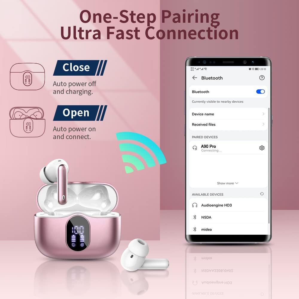 Wireless Earbuds Bluetooth 5.4 Headphones Bass Stereo Ear Buds with Noise Cancelling Mic LED Display in Ear Earphones IP7 Waterproof 36H Playtime for Laptop Pad Phones Sports Workout Rose Gold - Image 5