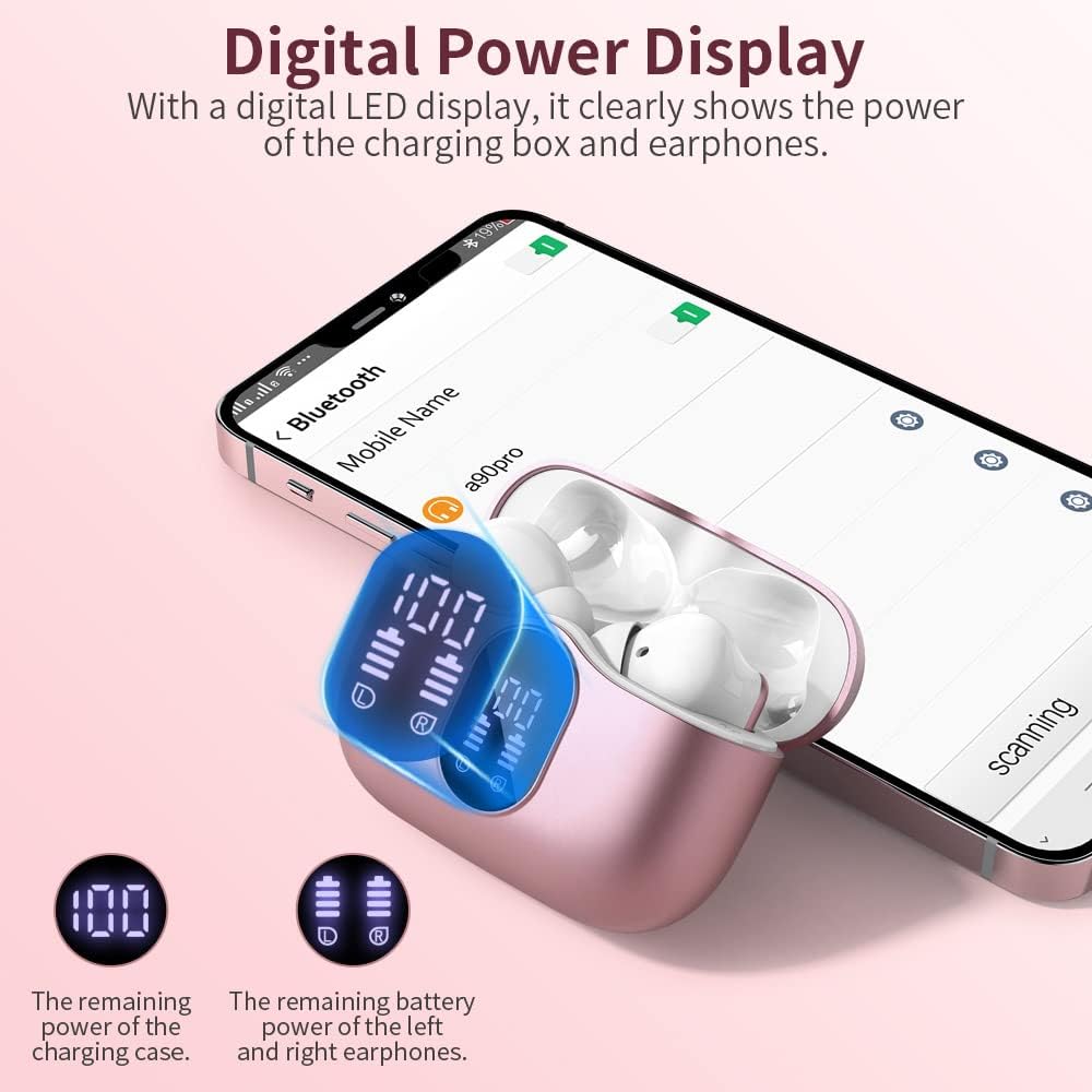 Wireless Earbuds Bluetooth 5.4 Headphones Bass Stereo Ear Buds with Noise Cancelling Mic LED Display in Ear Earphones IP7 Waterproof 36H Playtime for Laptop Pad Phones Sports Workout Rose Gold - Image 6