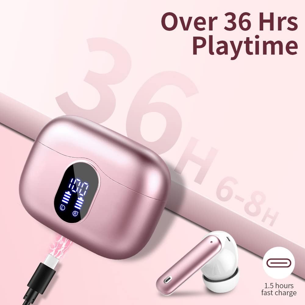 Wireless Earbuds Bluetooth 5.4 Headphones Bass Stereo Ear Buds with Noise Cancelling Mic LED Display in Ear Earphones IP7 Waterproof 36H Playtime for Laptop Pad Phones Sports Workout Rose Gold - Image 7